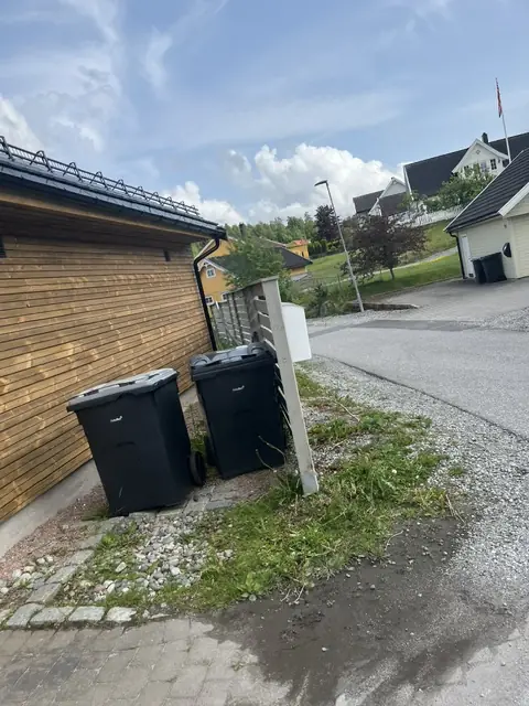 Søppeldunker på en slitt flekk ved en trevegg